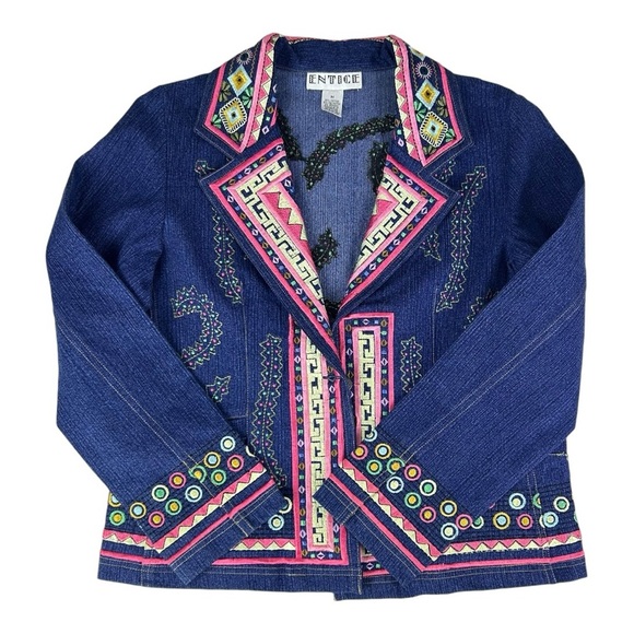 Vintage Y2K Entice Embroidered Dark Blue Denim Jean Jacket Blazer Hippie Medium - Picture 7 of 16
